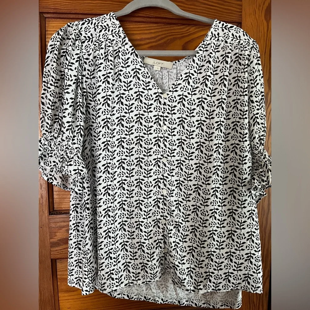 LOFT White Top with Black Leaf Print
